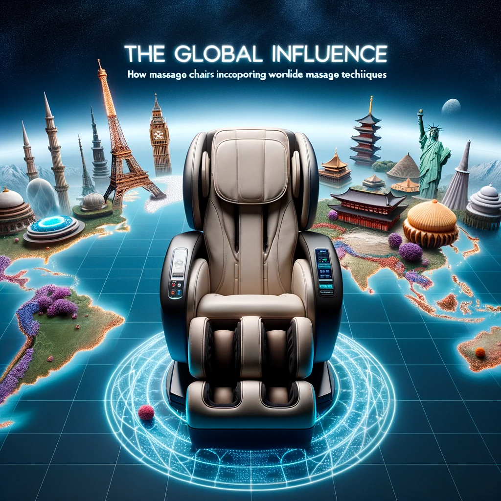 Massage chair on a world map with holographic landmarks representing different massage techniques.