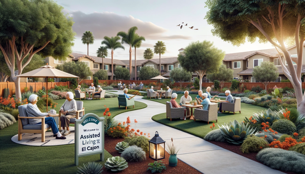 Residents of various descents and genders at an assisted living facility in El Cajon engaging in activities in a landscaped garden with a signpost reading 'Welcome to Assisted Living in El Cajon'.