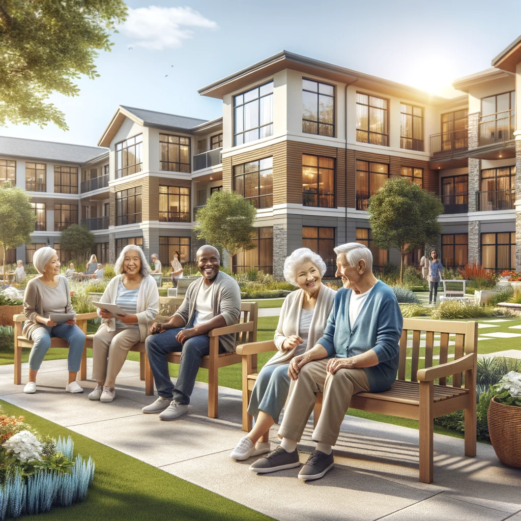 A modern assisted living community with a diverse group of seniors engaging in outdoor activities in a sunny, well-manicured garden setting