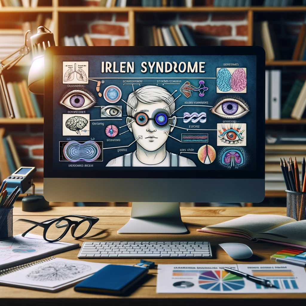Computer screen showing a video presentation on Irlen Syndrome with charts and diagrams, surrounded by glasses with colored lenses and educational materials