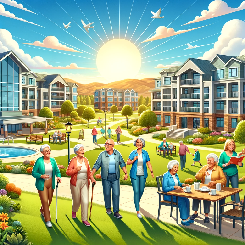 A vibrant and welcoming community setting in El Cajon, showcasing seniors engaged in various activities amidst modern facilities and lush greenery, with El Cajon's hills in the background.