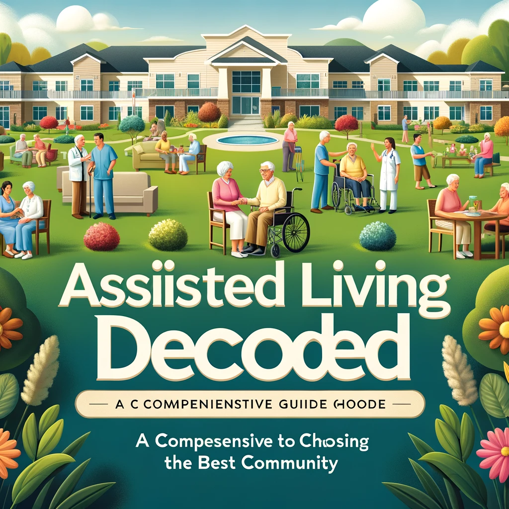 Book cover depicting an ideal assisted living community, titled 'Assisted Living Decoded: A Comprehensive Guide to Choosing the Best Community'.